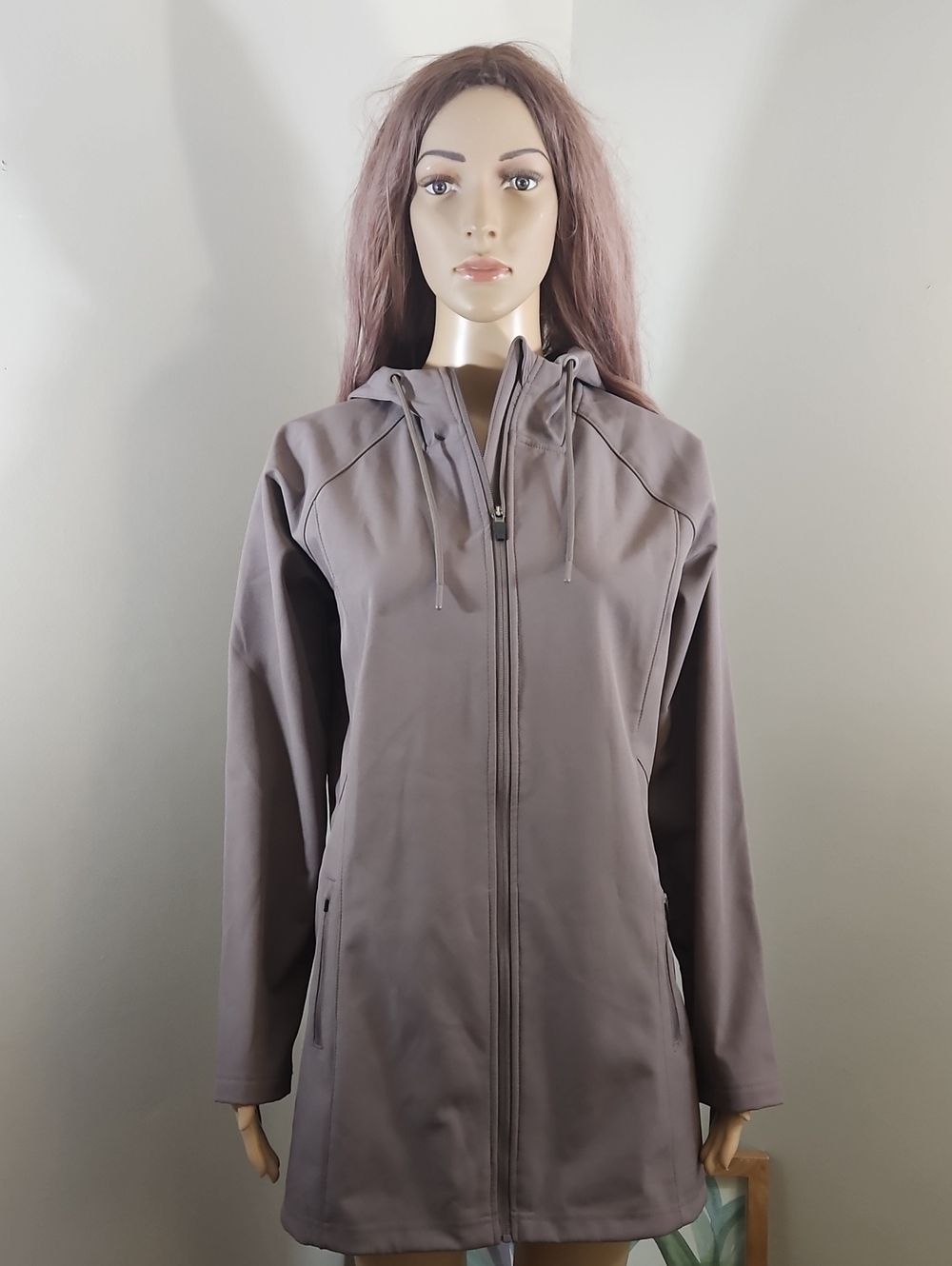 Natural Reflections Long Zip Hooded Jacket Trench Coat - Taupe Tan